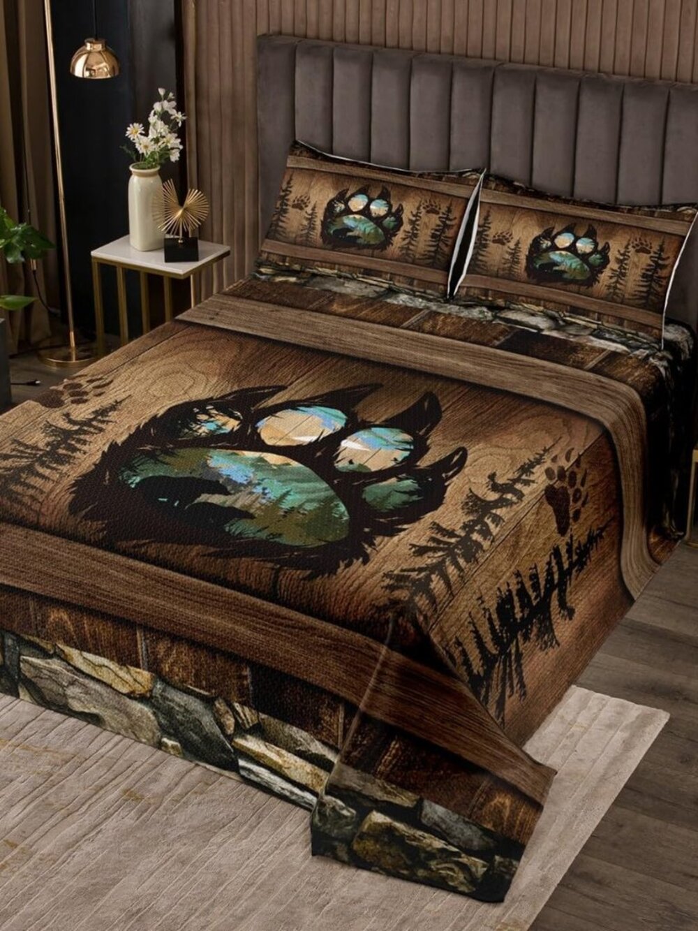 Rustic Cabin Twin Quilt Set Woodland Hunting Bear Coverlet Set Country Farmhouse